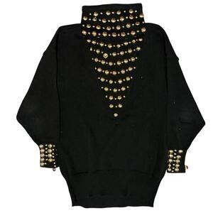 Vintage Bonnie Boerer 1980s Black Sweater Gold Stud Embellished Turtleneck L/G